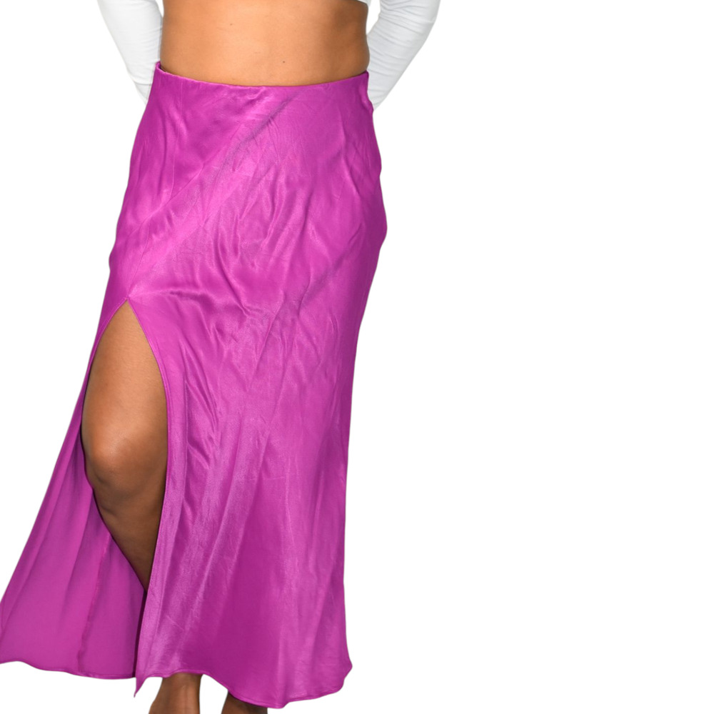 Anthropologie Satin Slip Skirt Purple Magenta Slit Midi Column Viscose Medium